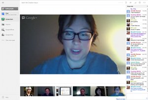 Meredith is in large screen of Google Hangout as she intros her video self-portrait