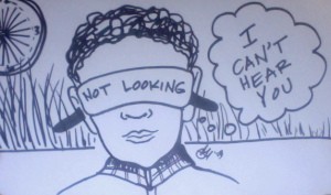 black and white marker drawing of face with blindfold and exaggerated ear plugs with a clock in the upper left and a text cloud to the right stating, "I can't hear you."