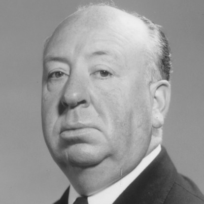 black and white photograph of Alfred Hitchcock